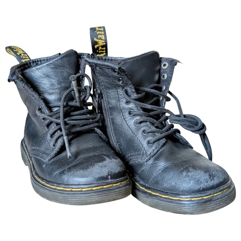 Dr Martens 1460‎ T Black Leather Ankle Boots Kids US 9 UK 8 Zip Up Lace Up